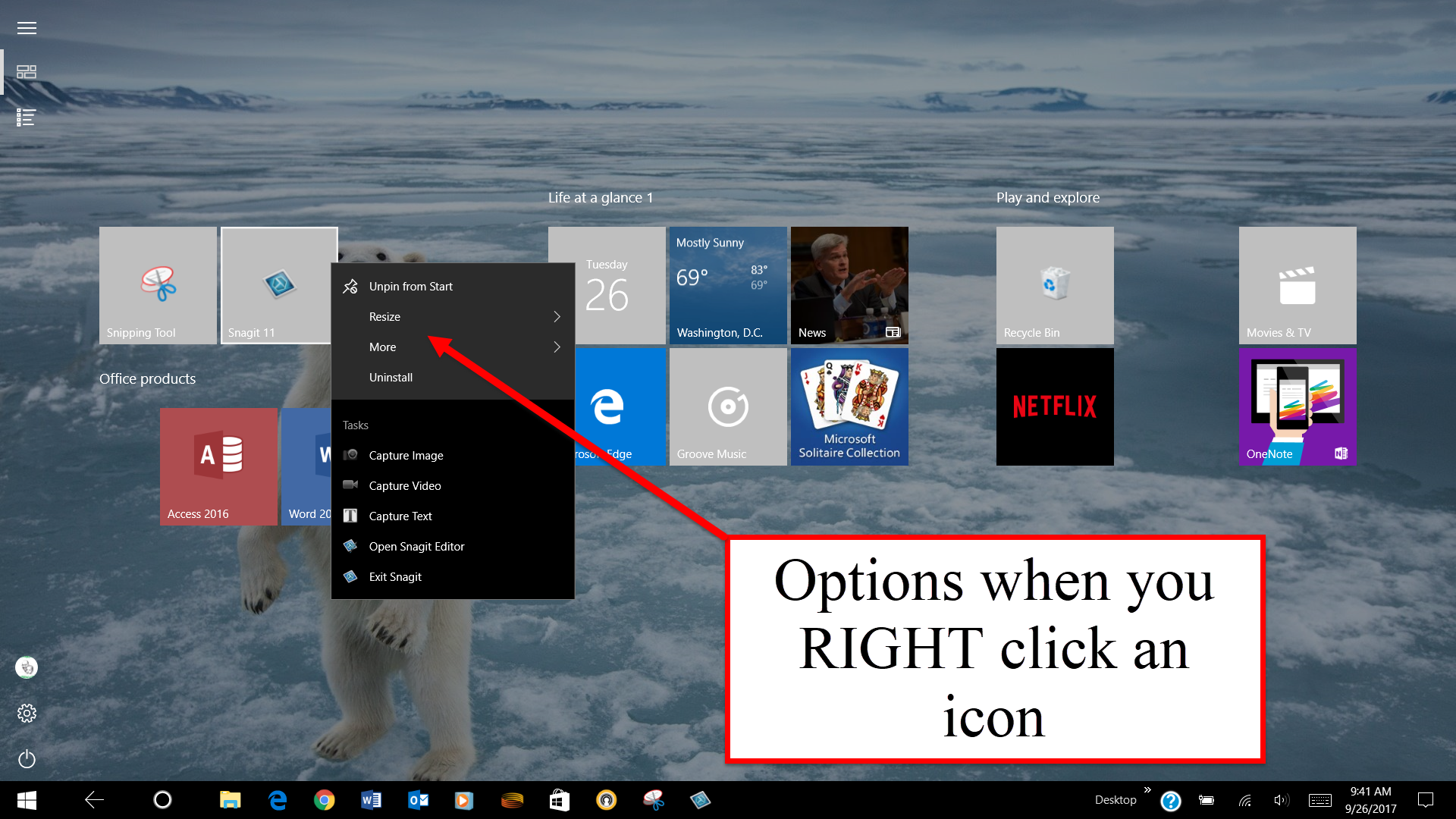 Options when you right click an Icon