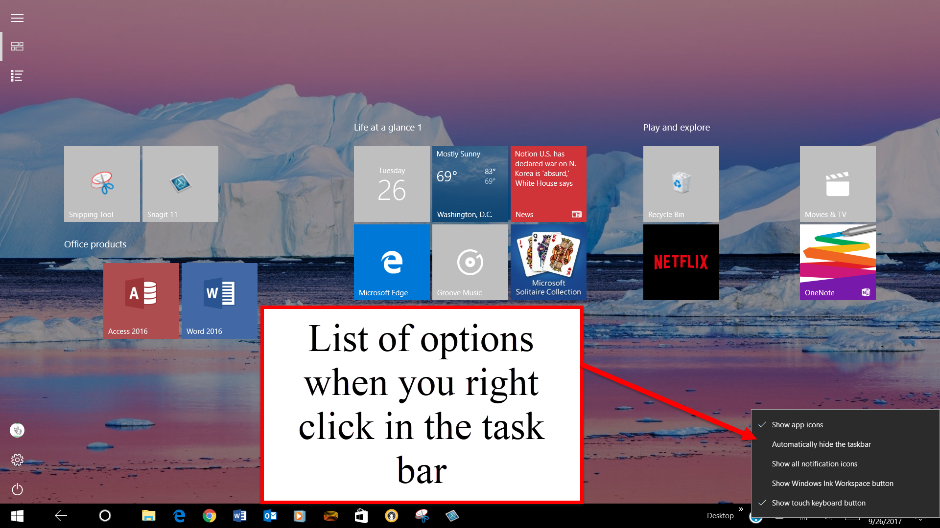 List of Options by right clicking on the Taskbar