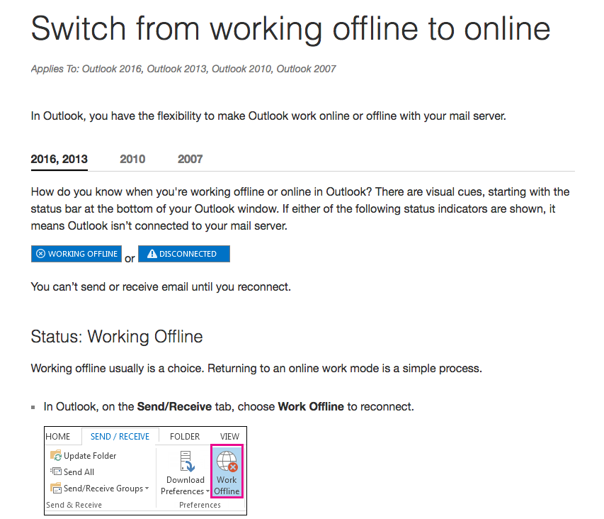 How to Switch from working Offline to Online in Microsoft Outlook 2013/2016