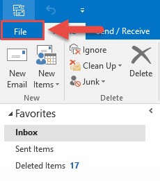 Screenshot of the Outlook 2016 Home tab with a red box around the File tab and a red arrow pointing towards the File tab.