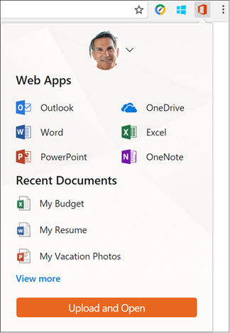 Click the Office for the web extension in the Chrome extensions bar to open the Office Online panel.