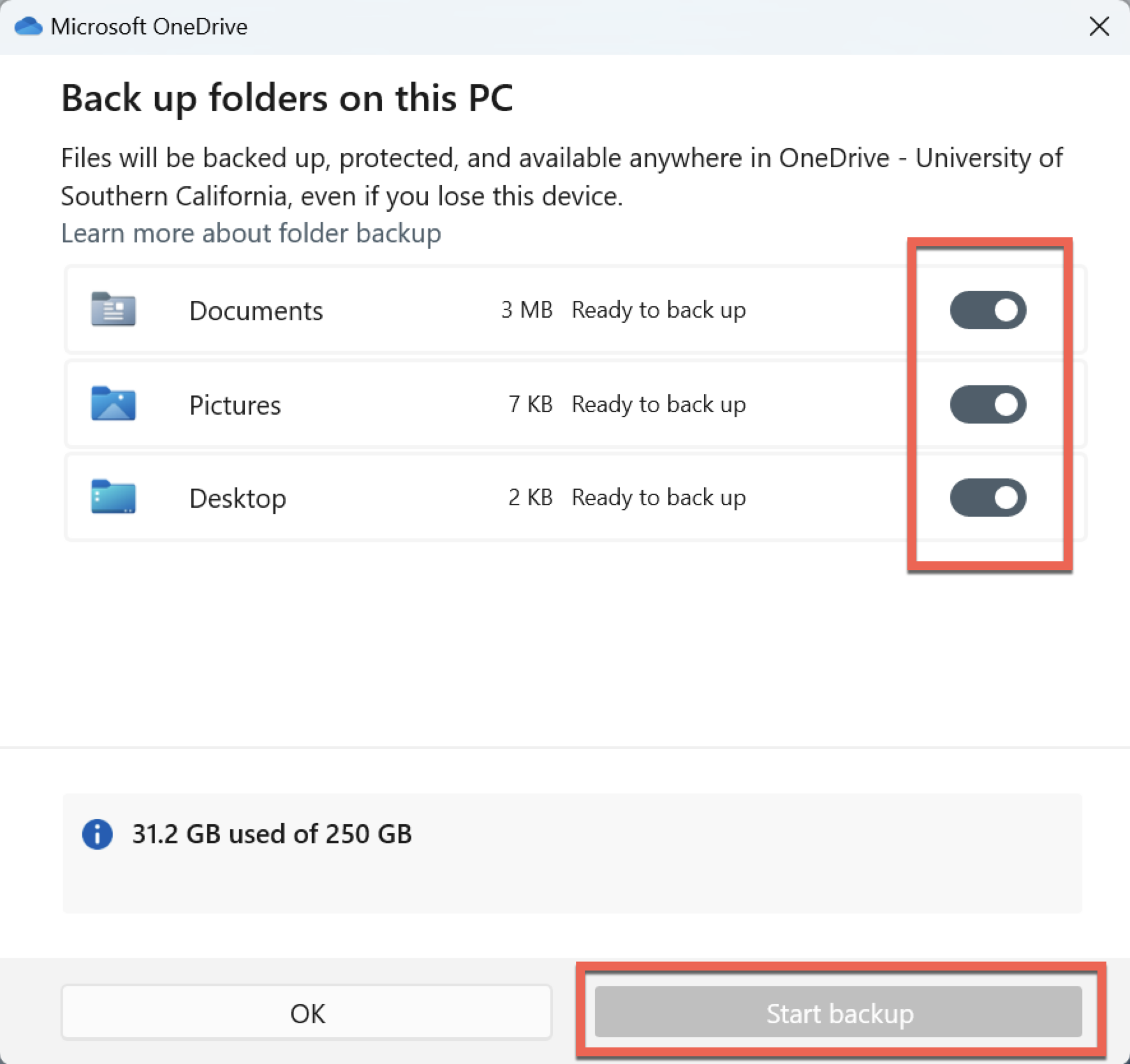 Select folders and start backup