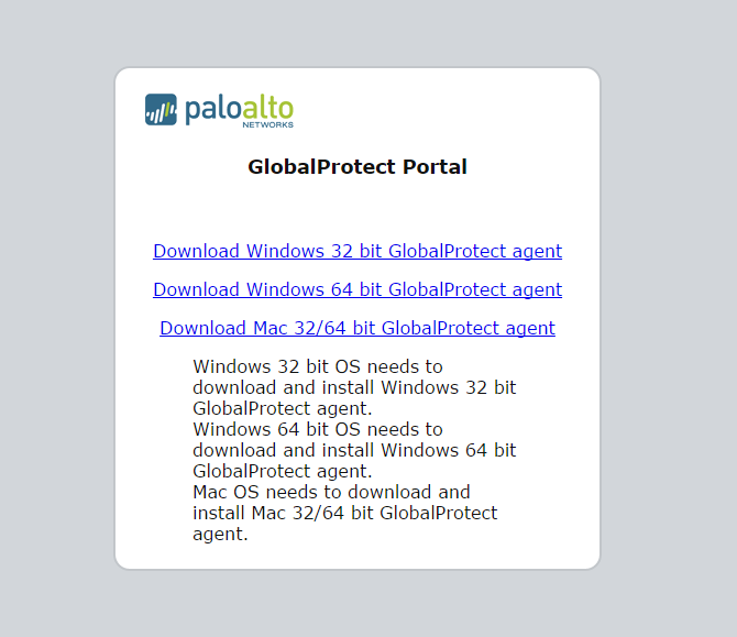 Figure 2: The GlobalProtect download page which provides client install files for Windows and Mac OSX.