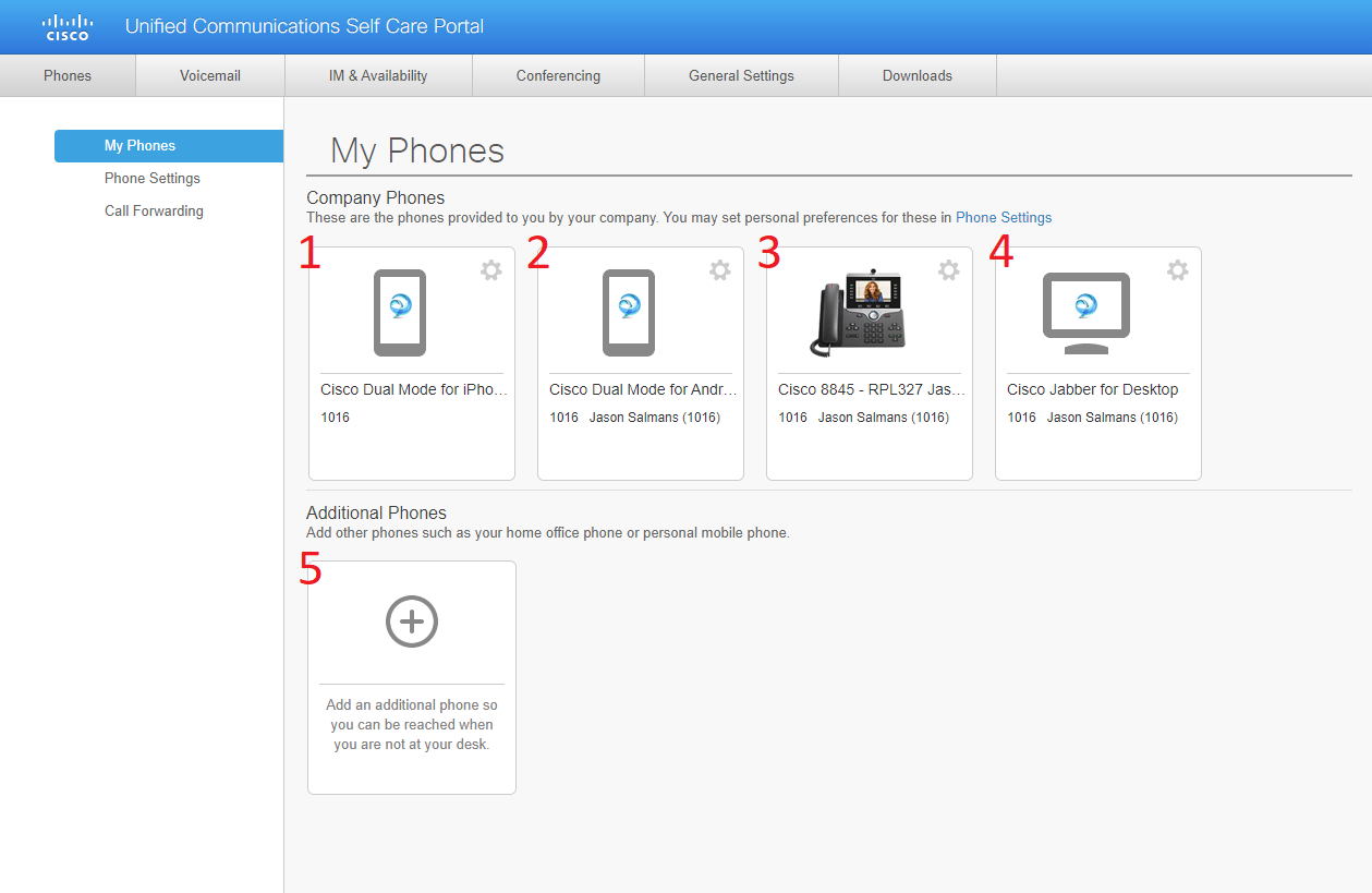 Figure 1: The My Phones page in Self Care.  Red numbers have been added for easier identification in this tutorial and will not be present on the actual page.
