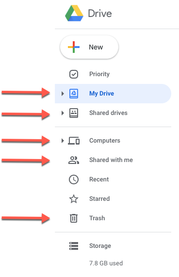 Google Drive navigation menu