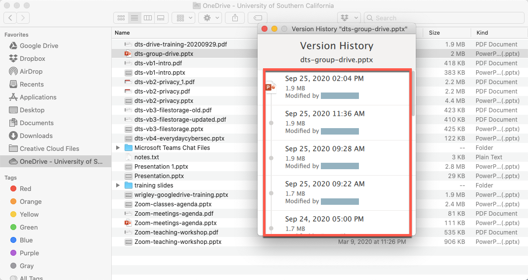 OneDrive on Mac - Version History - List
