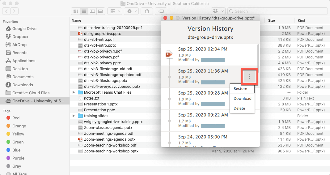 OneDrive on Mac - Version History - Options