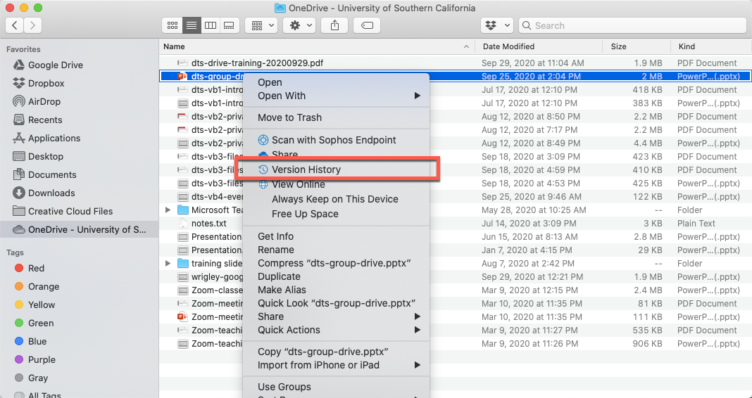 OneDrive on Mac - Version History