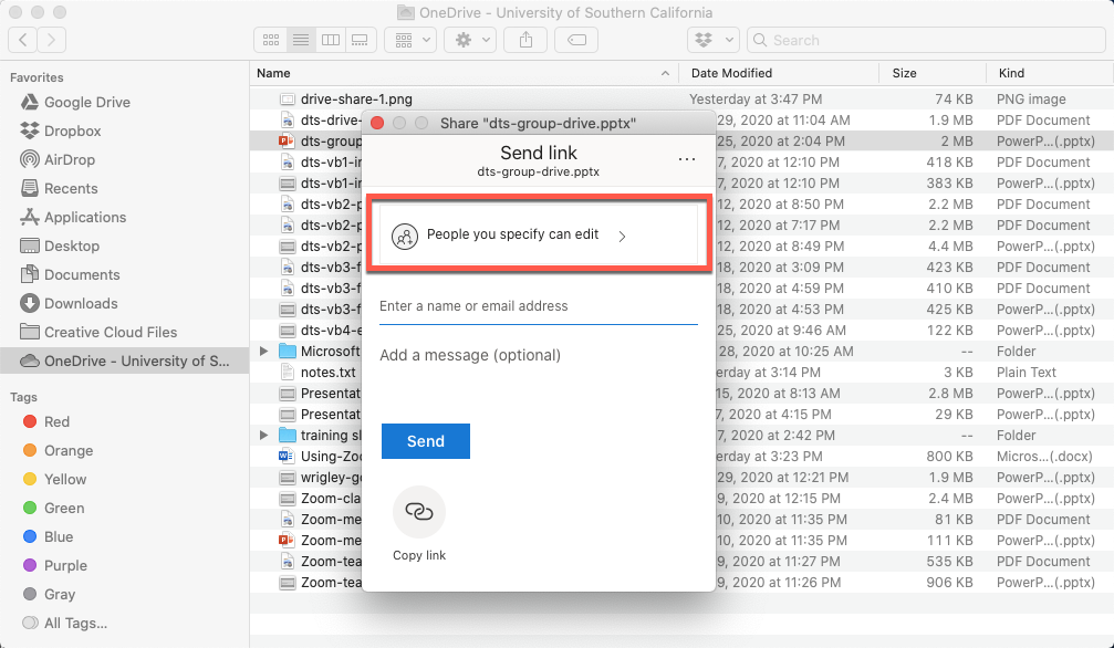 OneDrive on Mac - Send link