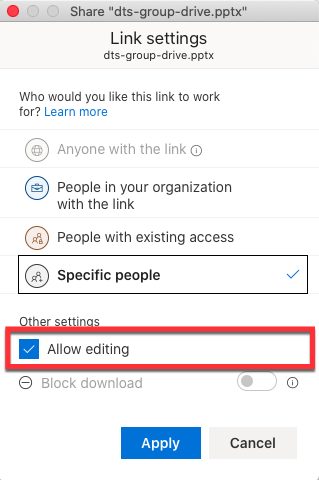 OneDrive on Mac - Link settings - Allow editing