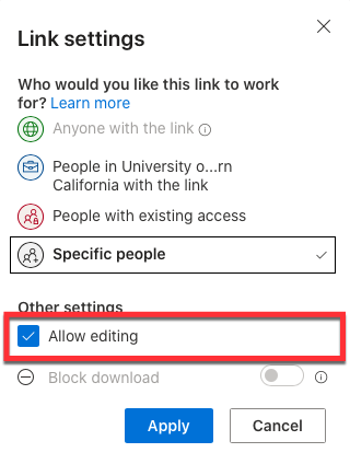 OneDrive - Link setting - Allow editing