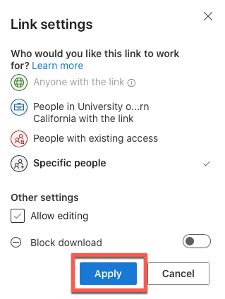 OneDrive - Link settings - Apply