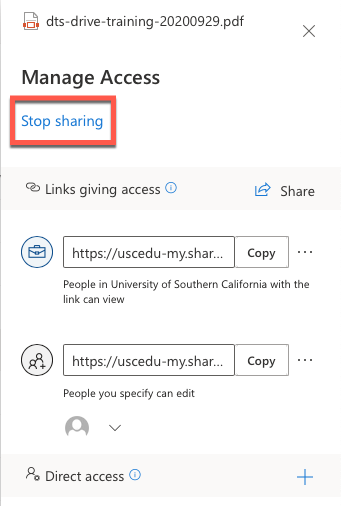 OneDrive - Manage Access - Stop sharing