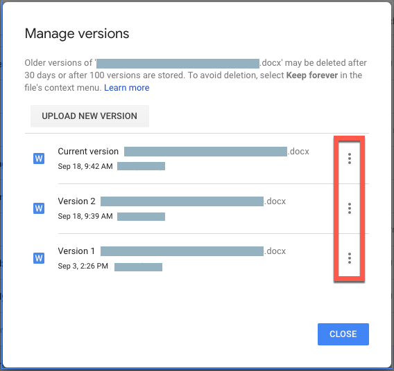 Google Drive - Manage versions - More options