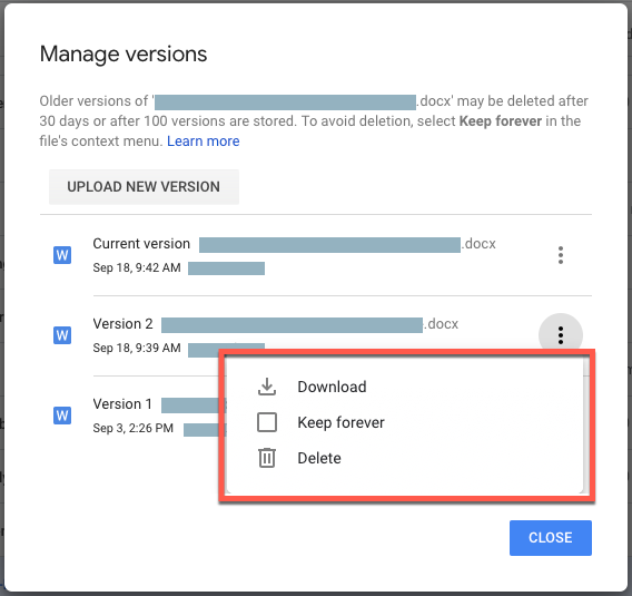 Google Drive - Manage versions - Download or Keep forever