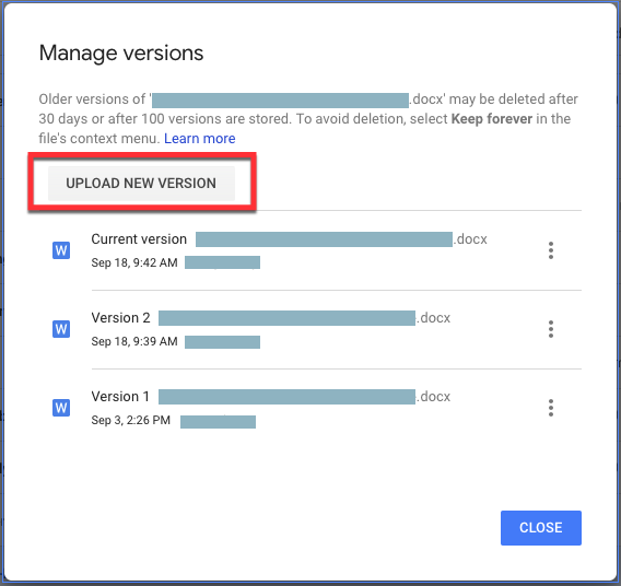 Google Drive - Manage versions - Upload new version