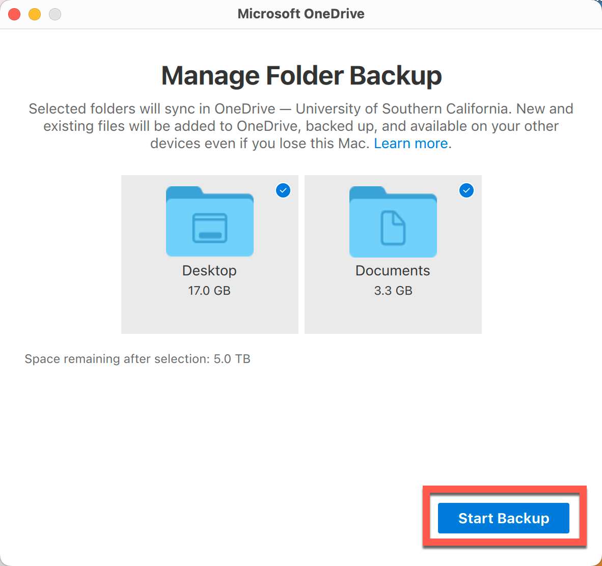 Mac - OneDrive - Start Backup