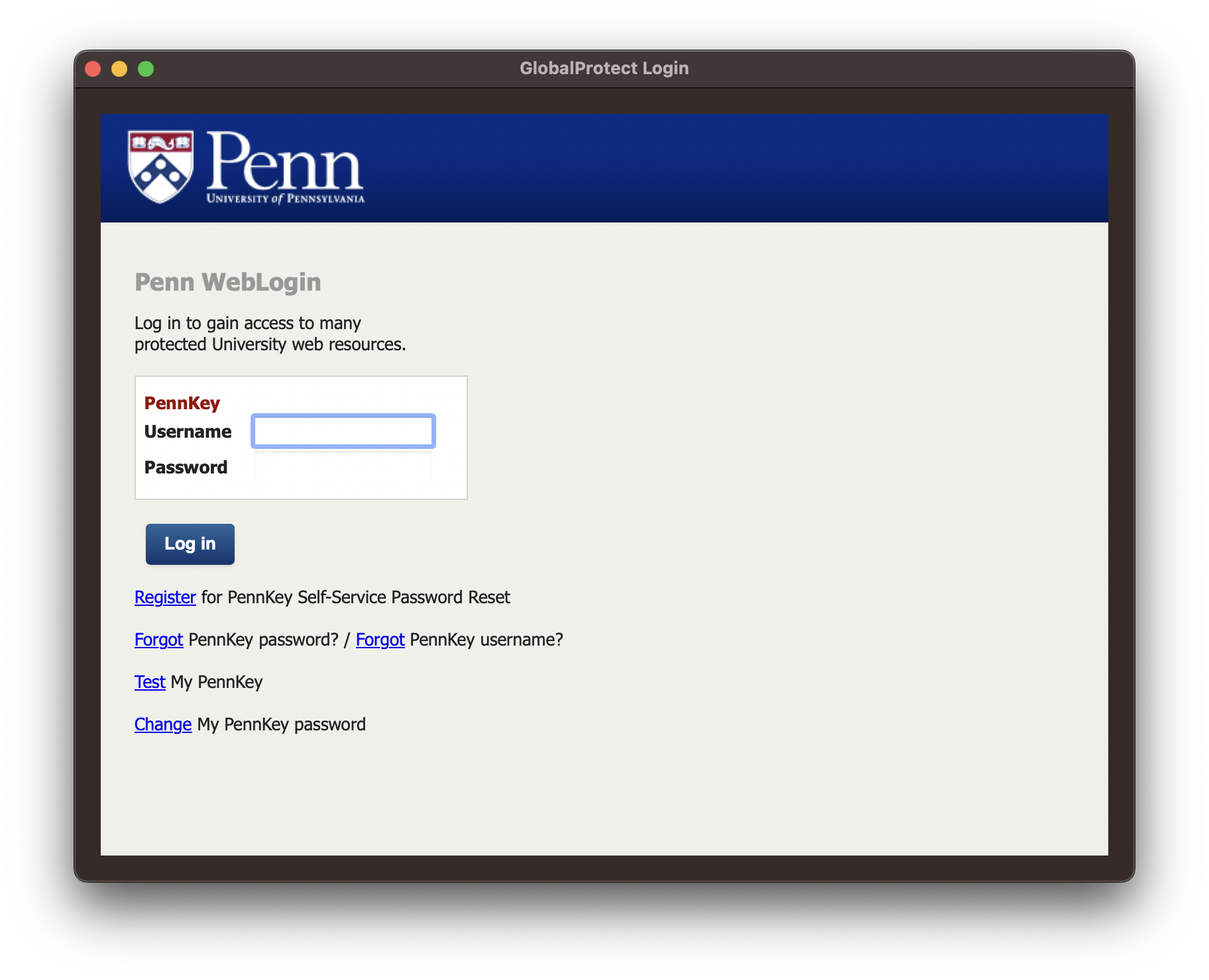 Penn WebLogin window prompts for Pennkey signin