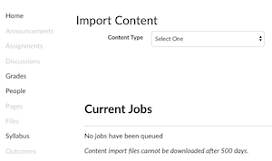 Import Content screen