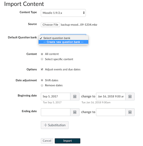 Import content screen with described options selected